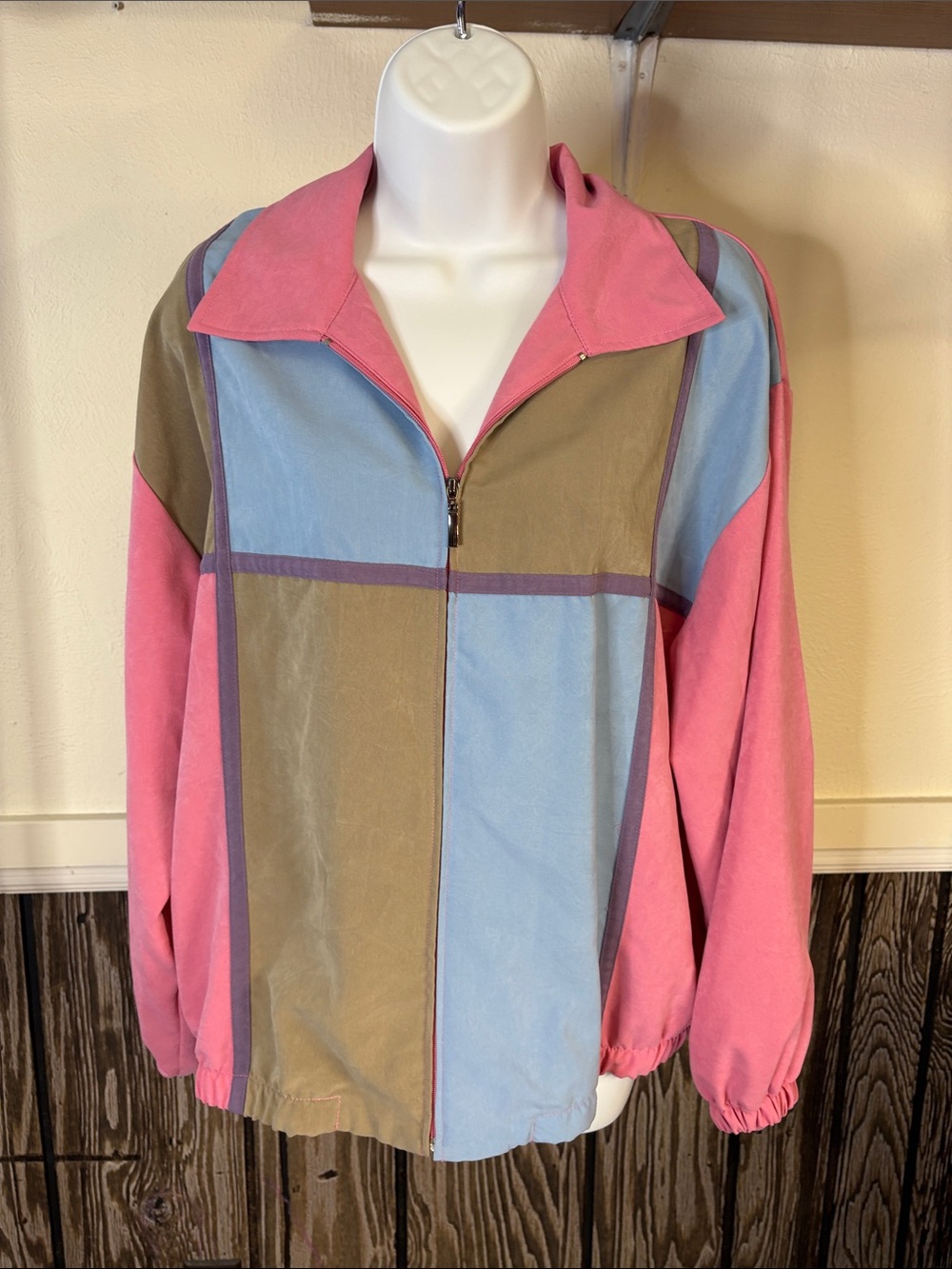 erin london Pink, Blue & Taupe Colorblock Zip Bomber Jacket